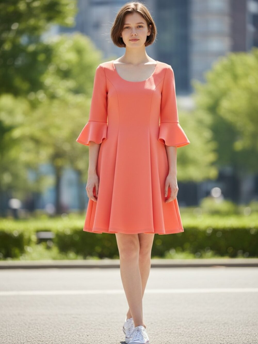 Donna Morgan Coral Fit & Flare Dress Size 4 Bell Sleeve Knee Length